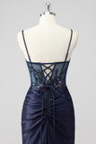 Sparkly Grey Green Mermaid Strapless Sequin Corset Ruched Long Prom Dress with Slit