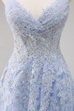Lavender A Line Spaghetti Straps Tulle Beaded Long Prom Dress with Slit