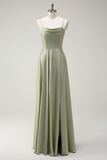 Dusty Sage A Line Satin Spaghetti Straps Long Bridesmaid Dress