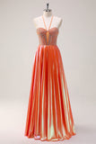 Sparkly Orange A-Line Halter Metallic Long Prom Dress with Beading