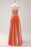Sparkly Orange A-Line Halter Metallic Long Prom Dress with Beading