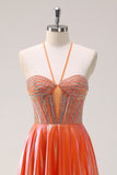 Sparkly Orange A-Line Halter Metallic Long Prom Dress with Beading