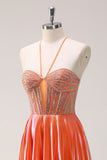 Sparkly Orange A-Line Halter Metallic Long Prom Dress with Beading