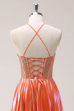 Sparkly Orange A-Line Halter Metallic Long Prom Dress with Beading