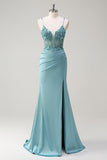 Sparkly Blue Mermaid Corset Prom Dress with Slit