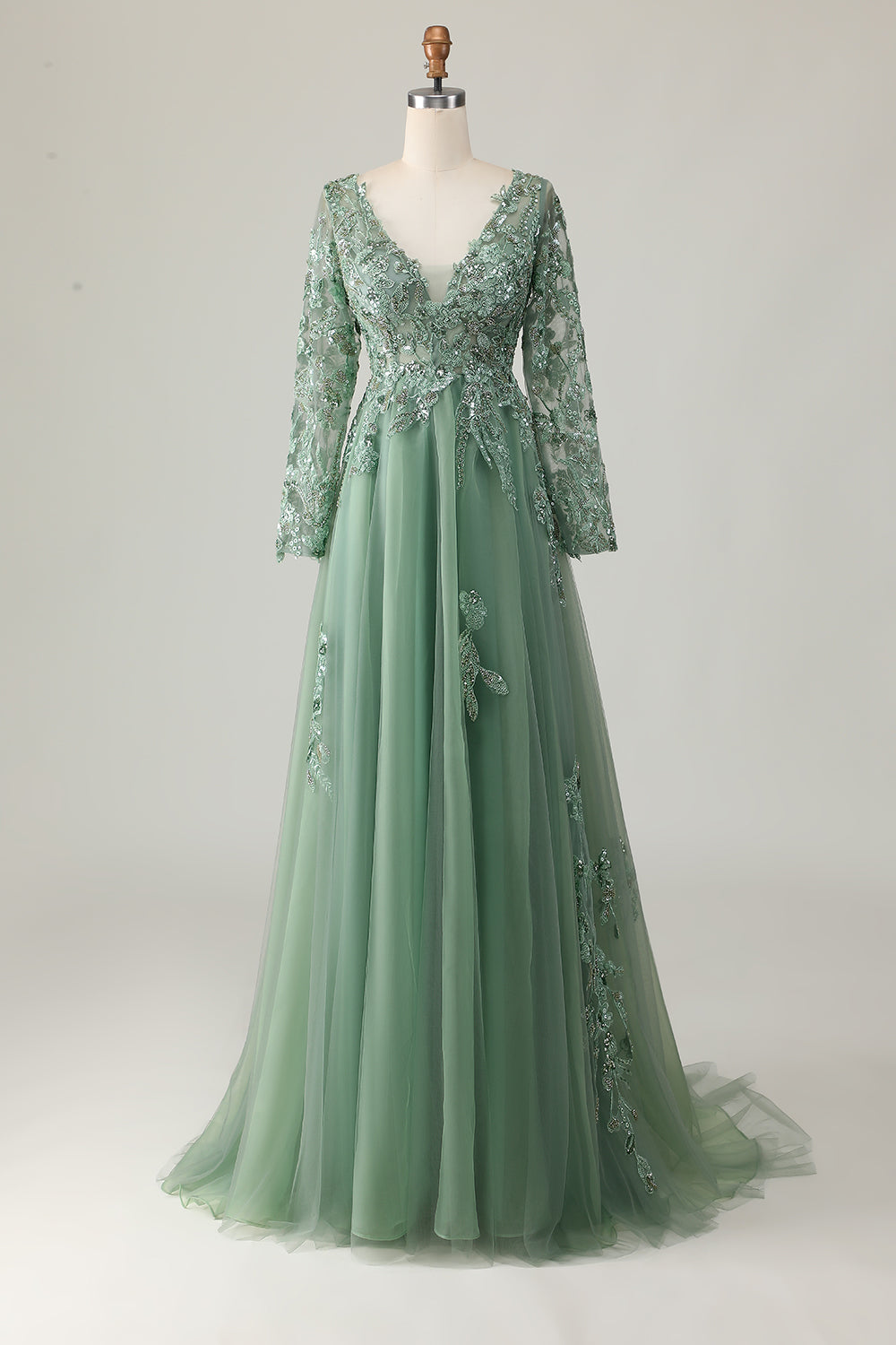 Sage A-Line Long Sleeves Prom Dress with Appliques