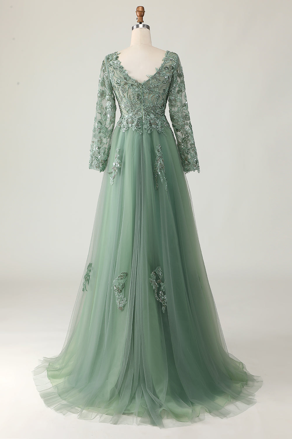 Sage A-Line Long Sleeves Prom Dress with Appliques