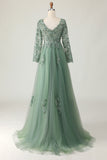 Sage A-Line Long Sleeves Prom Dress with Appliques