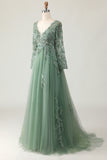 Sage A-Line Long Sleeves Prom Dress with Appliques