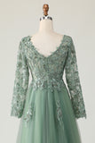 Sage A-Line Long Sleeves Prom Dress with Appliques