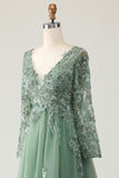Sage A-Line Long Sleeves Prom Dress with Appliques