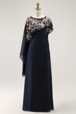 Navy Sheath Appliqued Mother Of The Bride Dress With Shawl