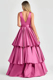 Fuchsia A-Line V Neck Ruffles Long Prom Dress