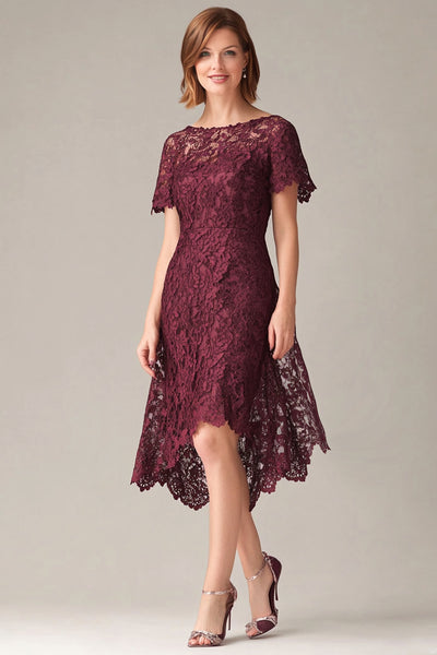 maroon lace dress ZAPAKA Women Burgundy Hi-Low Mother of the Bride Dress Sheath Short Sleeves Lace Evening Dress, Navy / US12