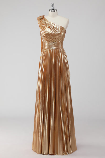 Zapaka Women Golden Metallic Satin Formal Dress One Shoulder A-Line Pleated Gala Dress ZAPAKA Zapaka Women Golden Metallic Satin Formal Dress One Shoulder A-Line Pleated Gala Dress ZAPAKA