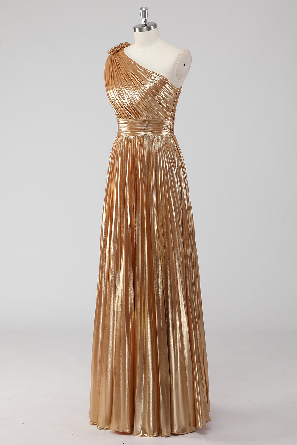 Golden One Shoulder A-Line Metallic Formal Dress