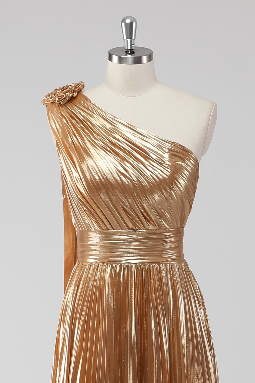 Golden One Shoulder A-Line Metallic Formal Dress