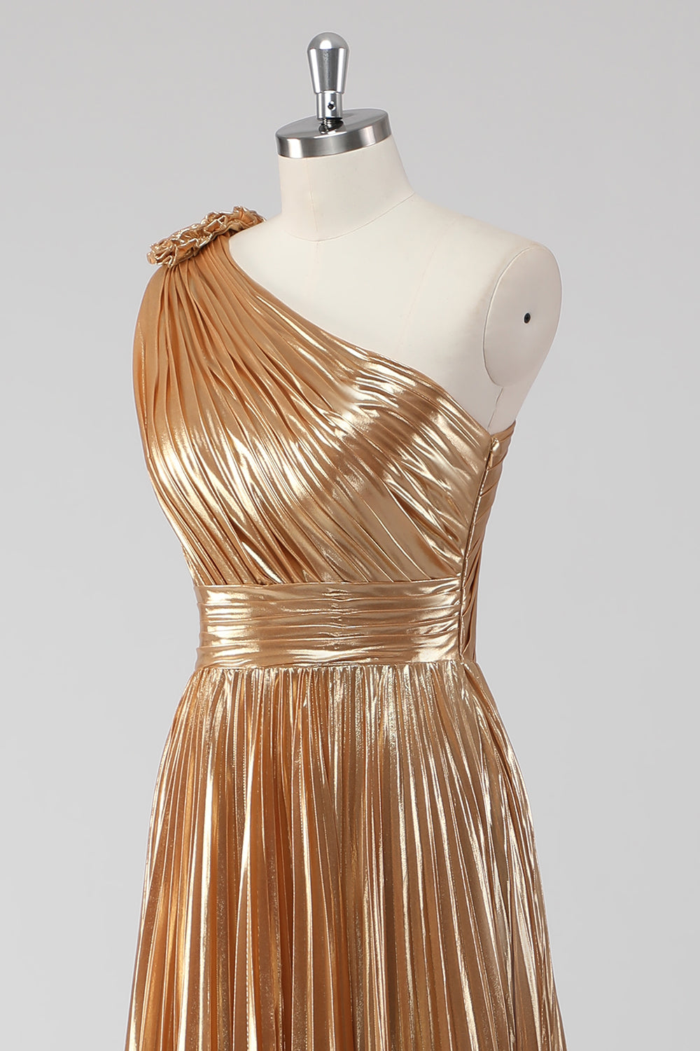 Golden One Shoulder A-Line Metallic Formal Dress
