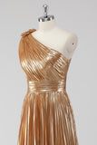 Golden One Shoulder A-Line Metallic Formal Dress