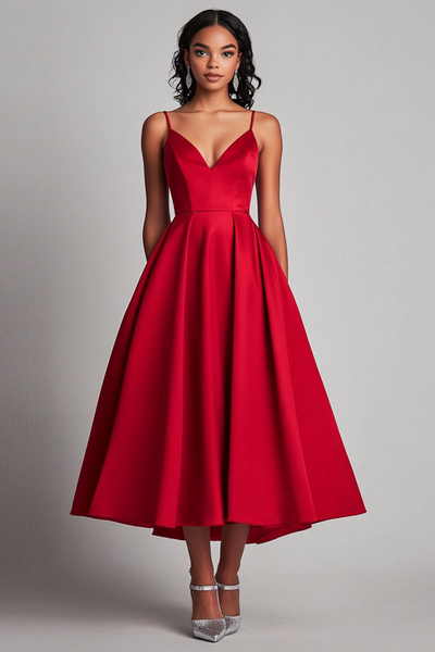 Zapaka Women Red Satin A-Line Formal Dress Spaghetti Straps Tea Length Evening Dress, Red / US10