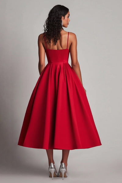 Zapaka Women Red Satin A-Line Formal Dress Spaghetti Straps Tea Length Evening Dress, Red / US10