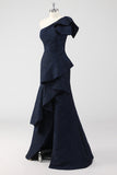 Navy Mermaid One Shoulder Ruffled Long Formal Dress with Slit