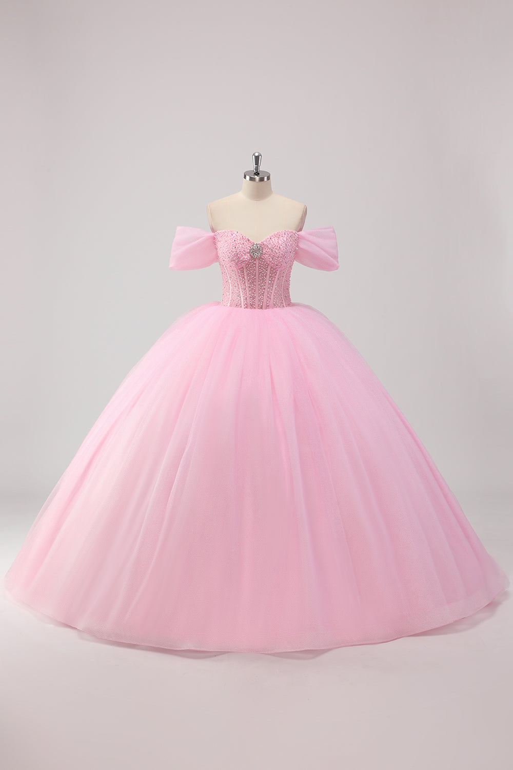 Princess Pink Ball Gown Off the Shoulder Beading Tulle Quinceanera Dress