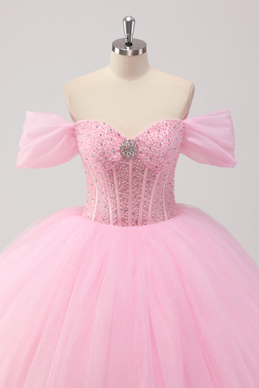Princess Pink Ball Gown Off the Shoulder Beading Tulle Quinceanera Dress