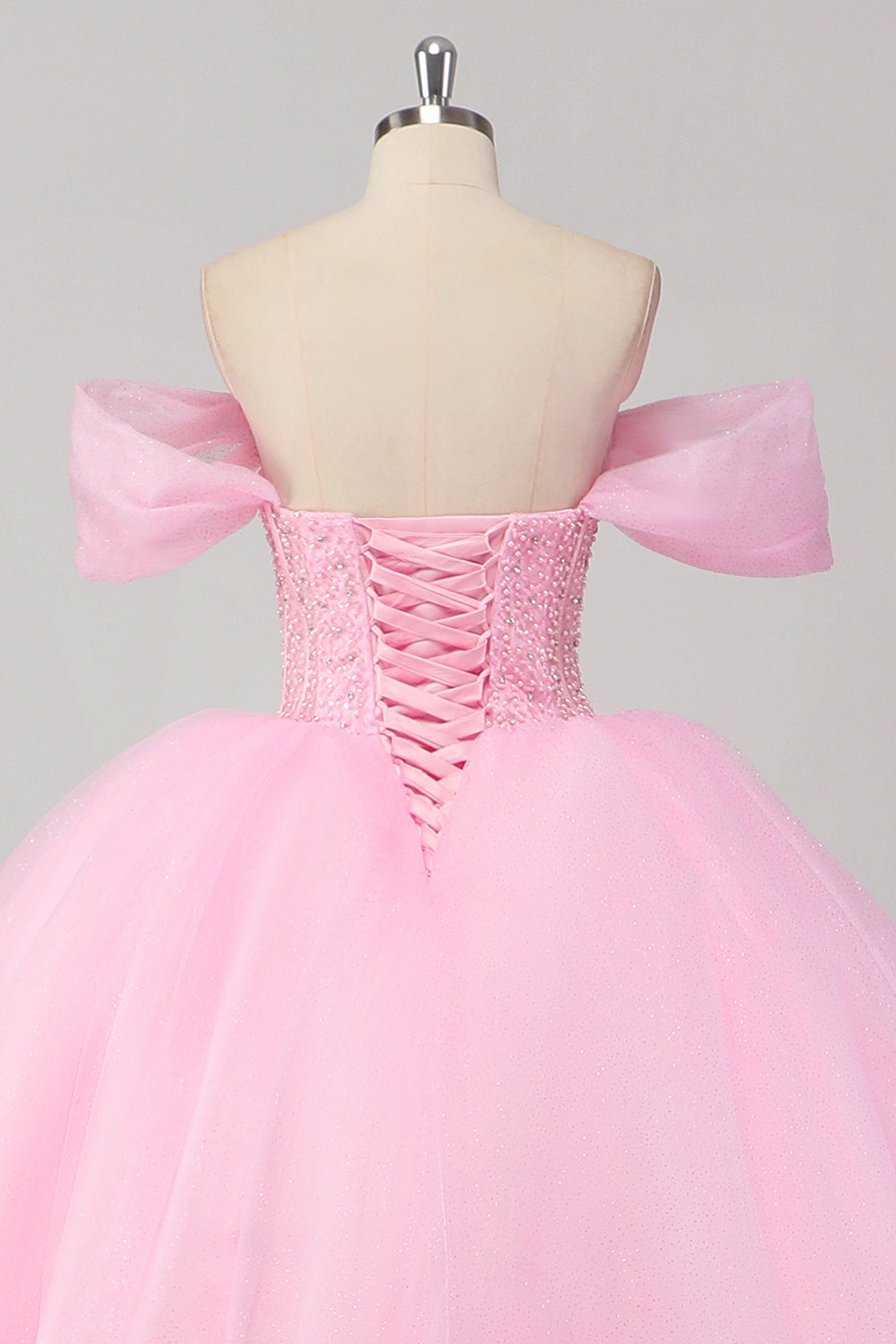 Princess Pink Ball Gown Off the Shoulder Beading Tulle Quinceanera Dress