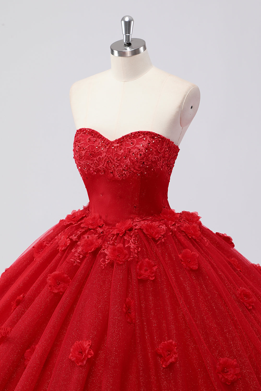 Sparkly Red Ball Gown Strapless Tulle Quinceanera Dress with Flower Appliques