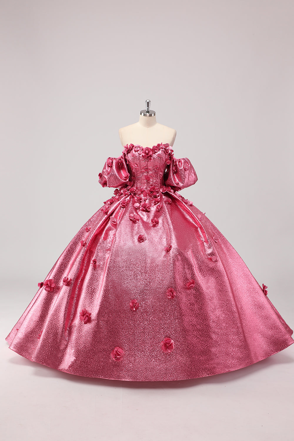 Princess Fuchsia Ball Gown Off the Shoulder Puff Sleeves Quinceanera Dress with 3D Flowers