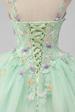 Princess Green Ball Gown Spaghetti Straps Tulle Quinceanera Dress with 3D Flower Appliques