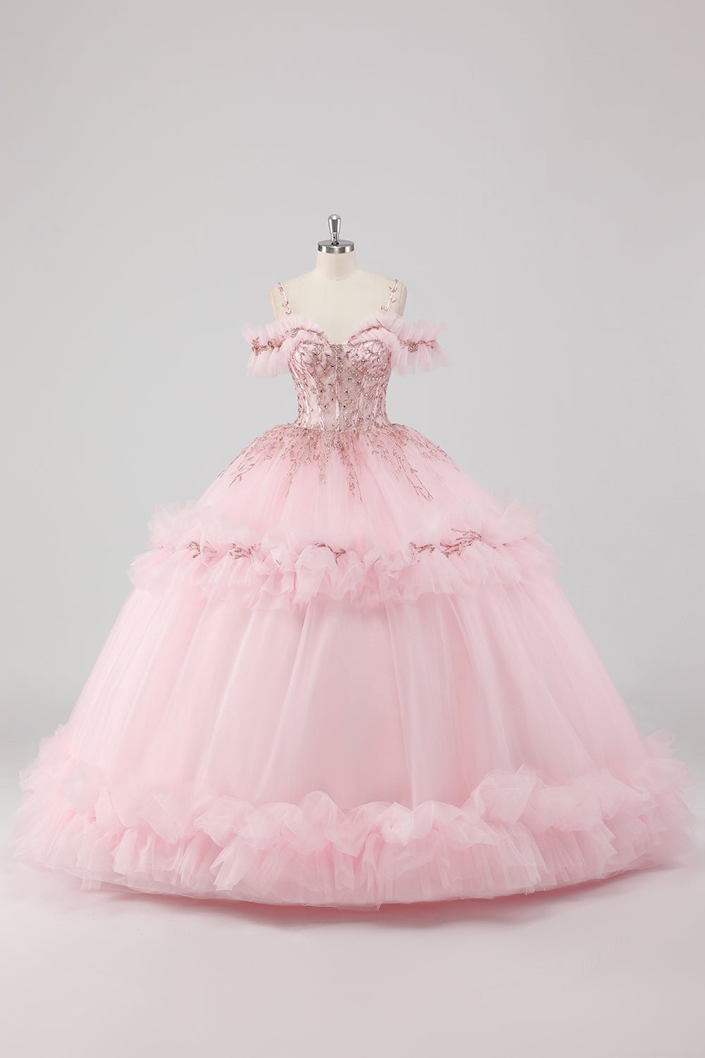 Princess Blush Ball Gown Cold Shoulder Ruffles Tulle Quinceanera Dress