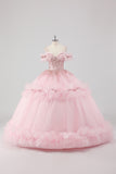 Princess Blush Ball Gown Cold Shoulder Ruffles Tulle Quinceanera Dress
