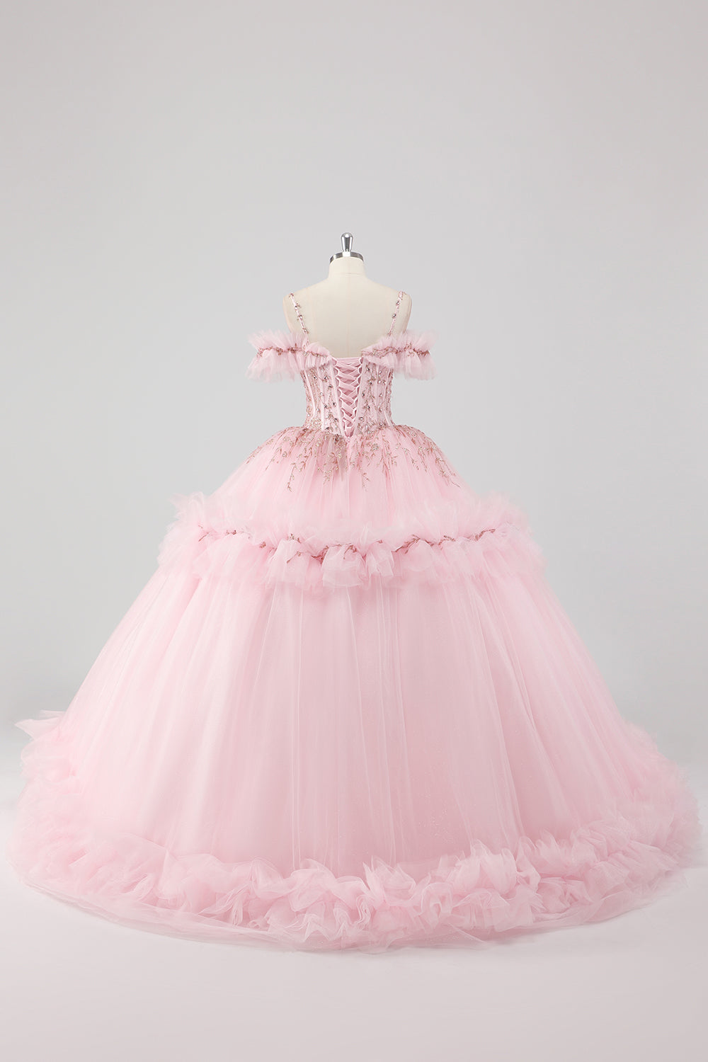Princess Blush Ball Gown Cold Shoulder Ruffles Tulle Quinceanera Dress