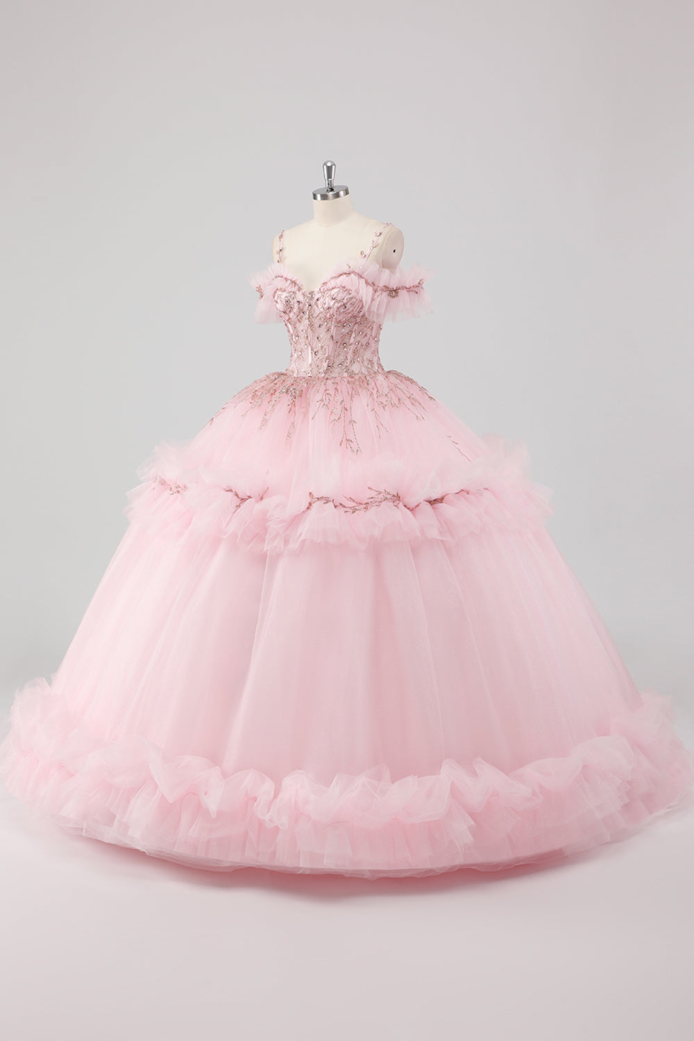 Princess Blush Ball Gown Cold Shoulder Ruffles Tulle Quinceanera Dress