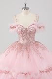 Princess Blush Ball Gown Cold Shoulder Ruffles Tulle Quinceanera Dress