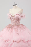Princess Blush Ball Gown Cold Shoulder Ruffles Tulle Quinceanera Dress