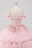 Princess Blush Ball Gown Cold Shoulder Ruffles Tulle Quinceanera Dress