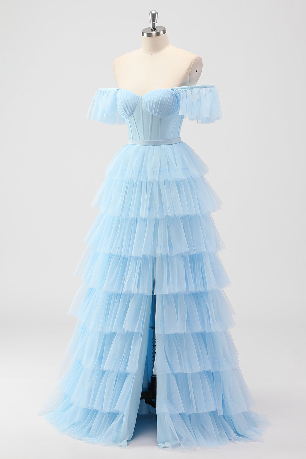 Sky Blue Off The Shoulder Tiered Corset A Line Bridesmaid Dress