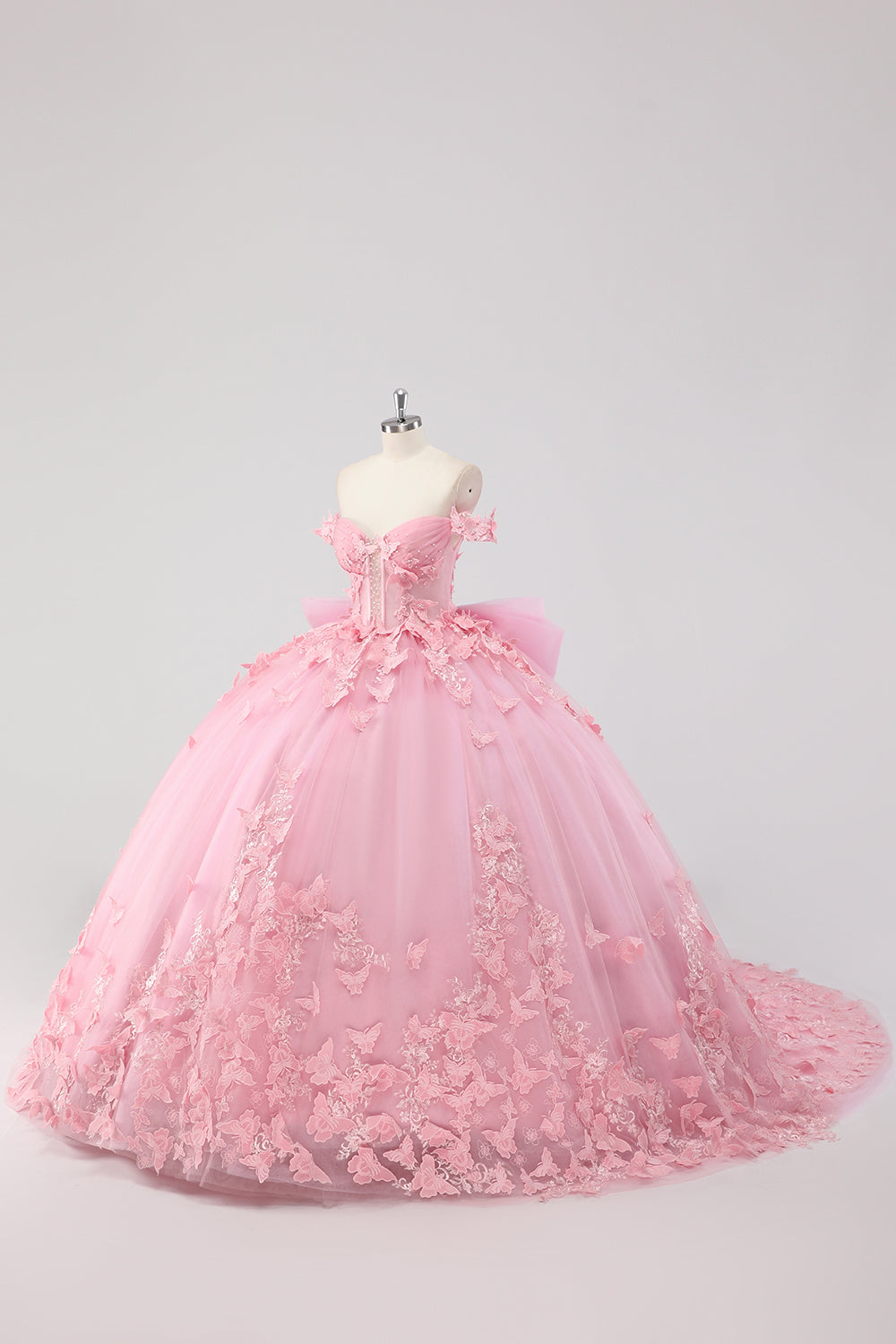 Princess Blush Pink Ball Gown Off the Shoulder Beaded Butterfly Tulle Quinceanera Dress with Bow
