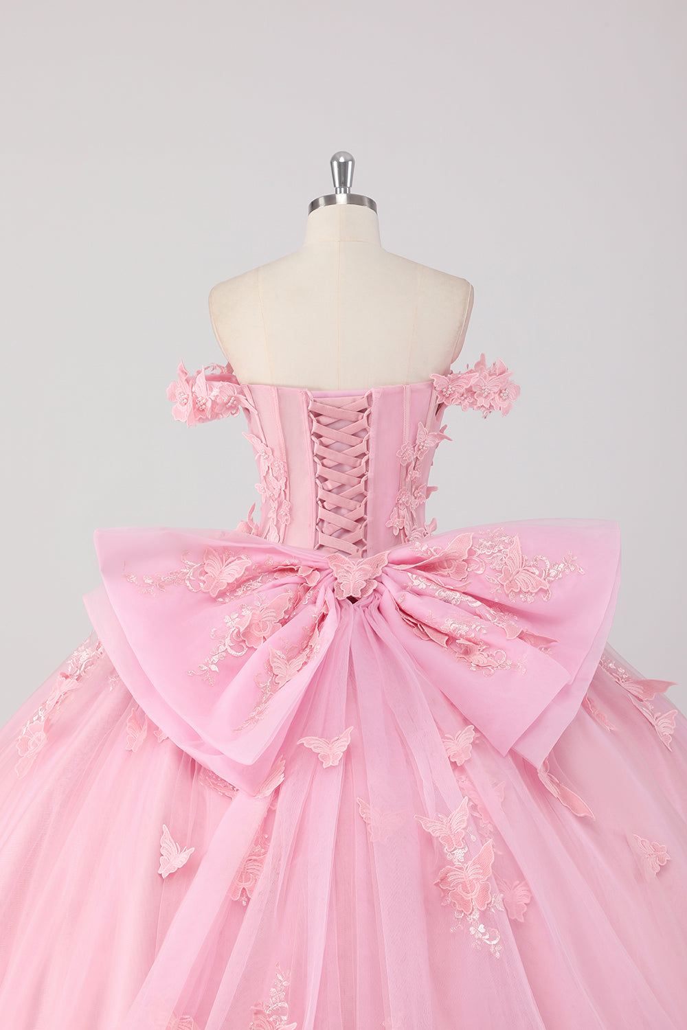 Princess Blush Pink Ball Gown Off the Shoulder Beaded Butterfly Tulle Quinceanera Dress with Bow