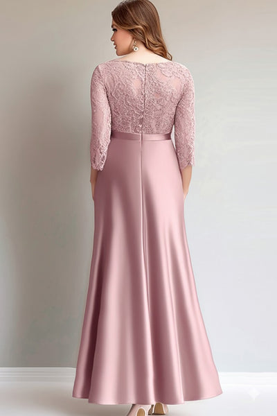 Zapaka Women Pink Mother Wedding Dress Lace Round Neck Ruched Long Sleeves Mother Of The Bride Dress, Pink / US2 Zapaka Women Pink Mother Wedding Dress Lace Round Neck Ruched Long Sleeves Mother Of The Bride Dress, Pink / US2