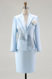 Blue 2-Piece Satin Mother of the Bride Dress With Embroidery