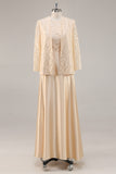 Long Sleeve Champagne A Line Two Piece Mother Of The Bride Dress
