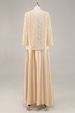 Long Sleeve Champagne A Line Two Piece Mother Of The Bride Dress