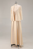 Long Sleeve Champagne A Line Two Piece Mother Of The Bride Dress