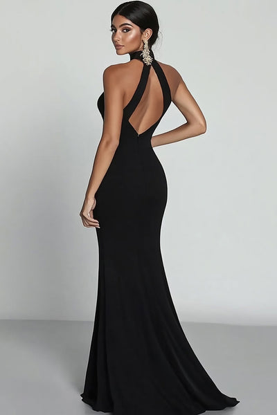 Zapaka Women Black Formal Dress With Slit Mermaid Halter Neck With Hook Satin Formal Wear Dress ZAPAKA Zapaka Women Black Formal Dress With Slit Mermaid Halter Neck With Hook Satin Formal Wear Dress ZAPAKA