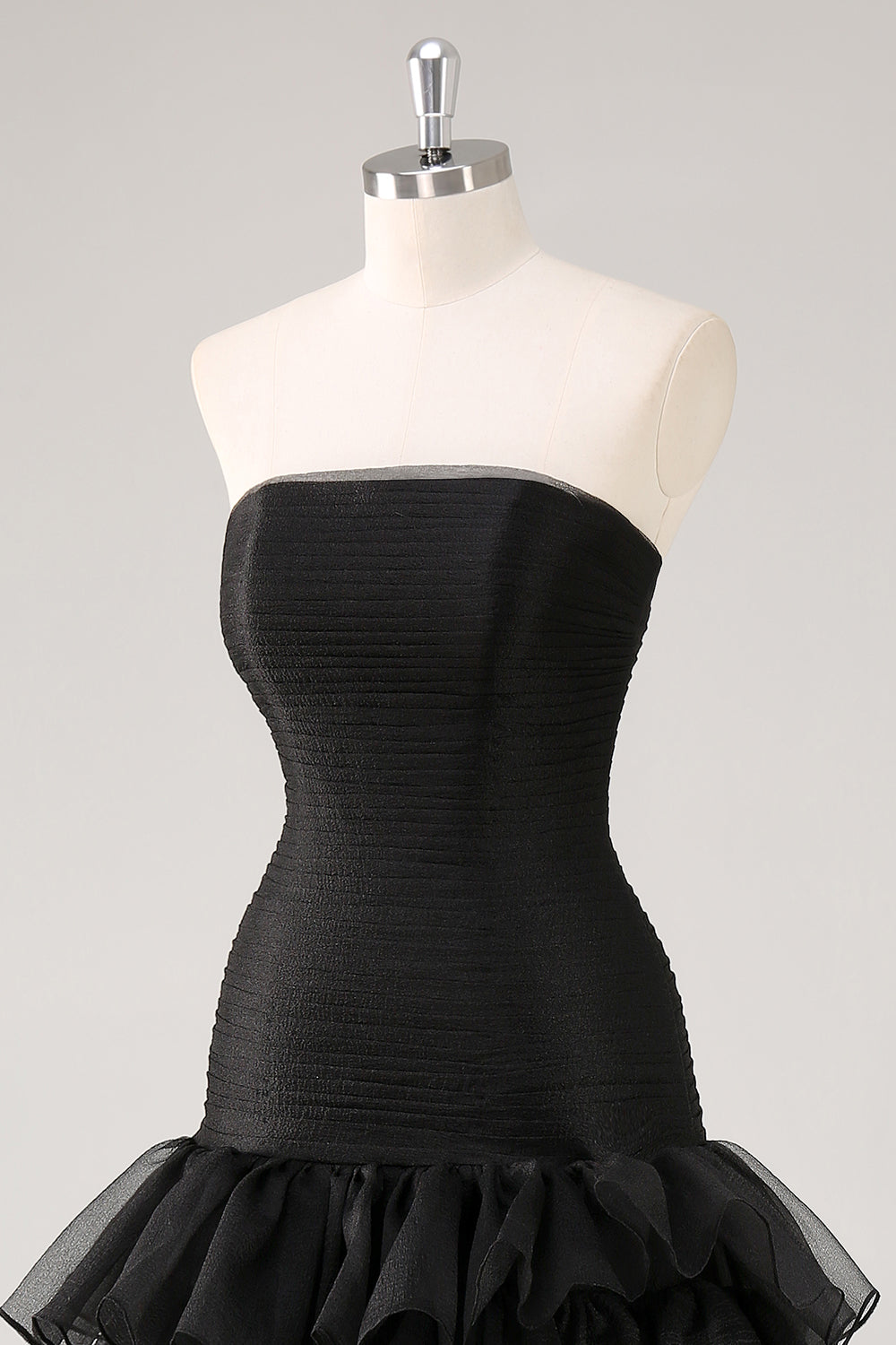 Black Strapless Tulle Tiered Formal Dress with Ruffles