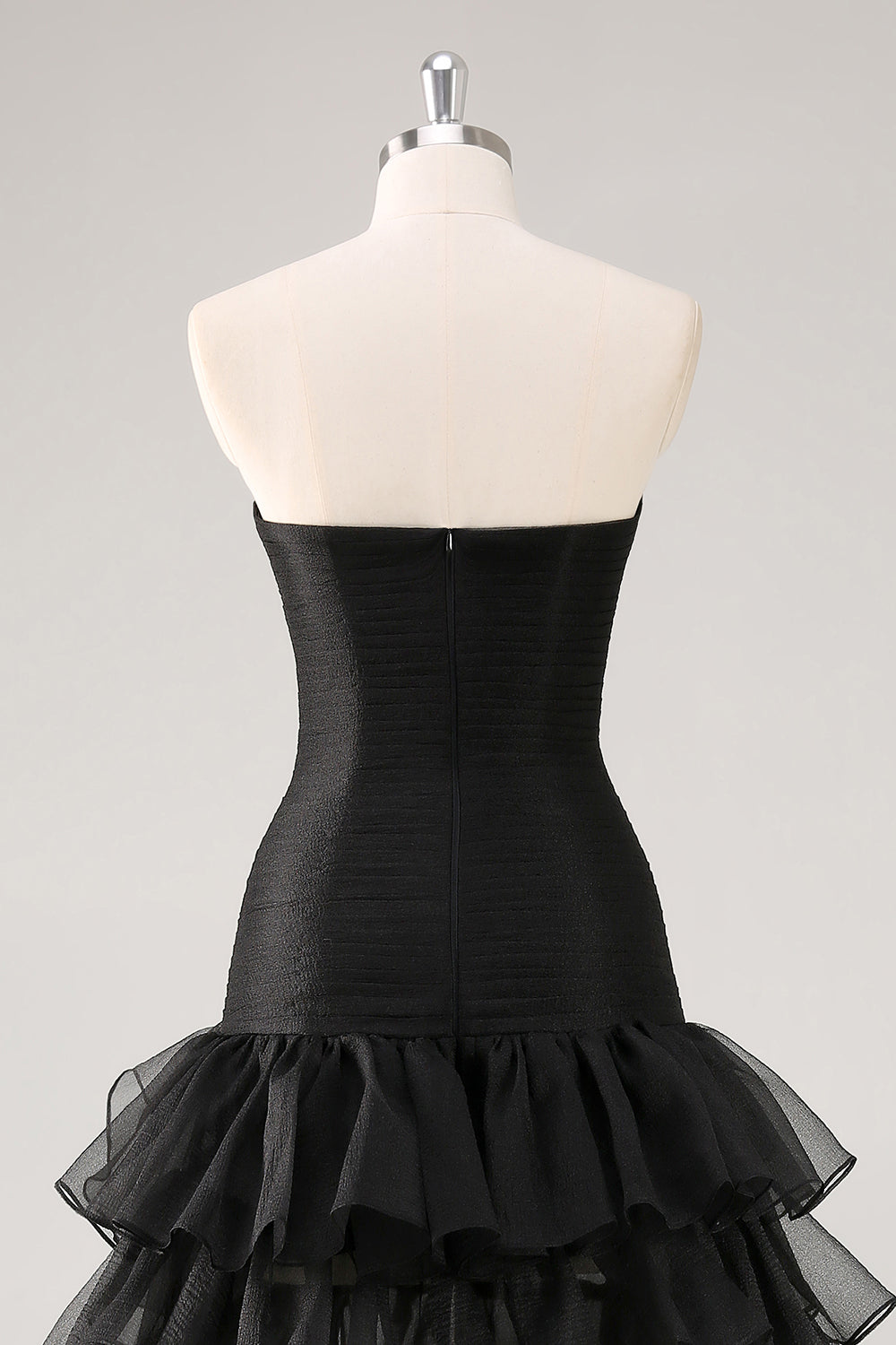 Black Strapless Tulle Tiered Formal Dress with Ruffles